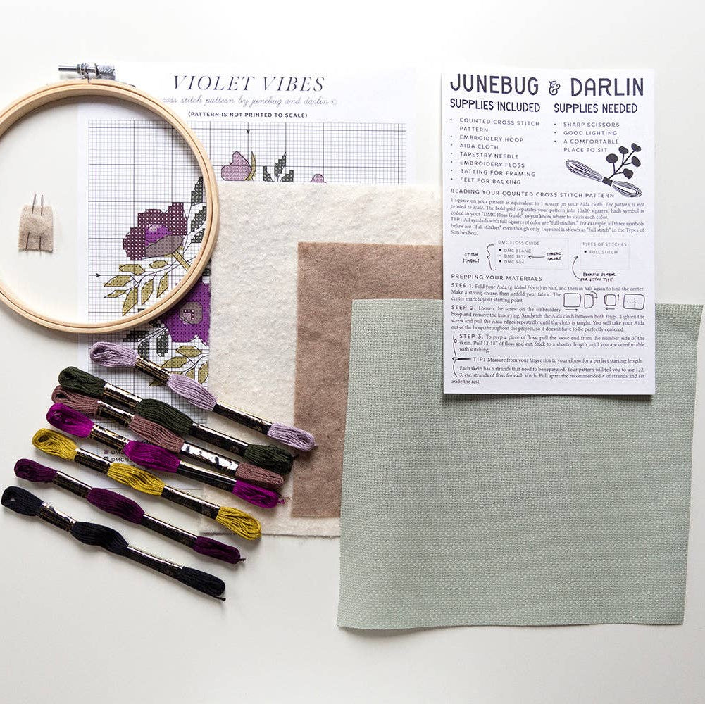Junebug and Darlin-Violet Vibes, 6" Cross Stitch Kit-xstitch kit-gather here online