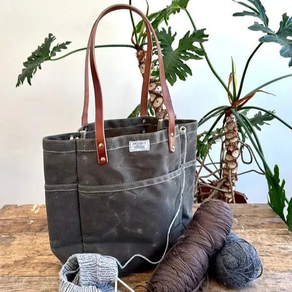 Artifact-Waxed Canvas Knitting Tote - Dark Khaki-craft organizer-gather here online