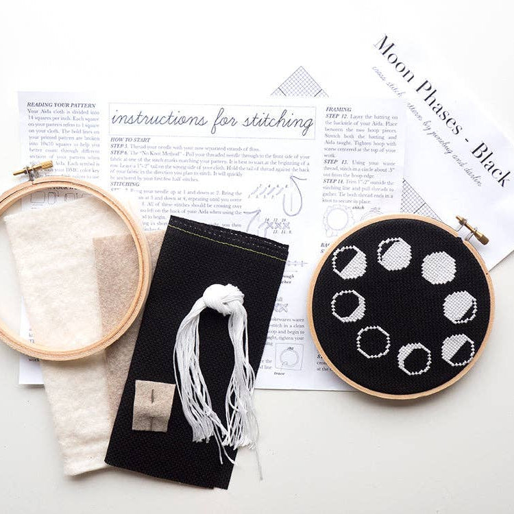 Junebug and Darlin-Moon Phases Black, 5" Cross Stitch Kit-xstitch kit-gather here online