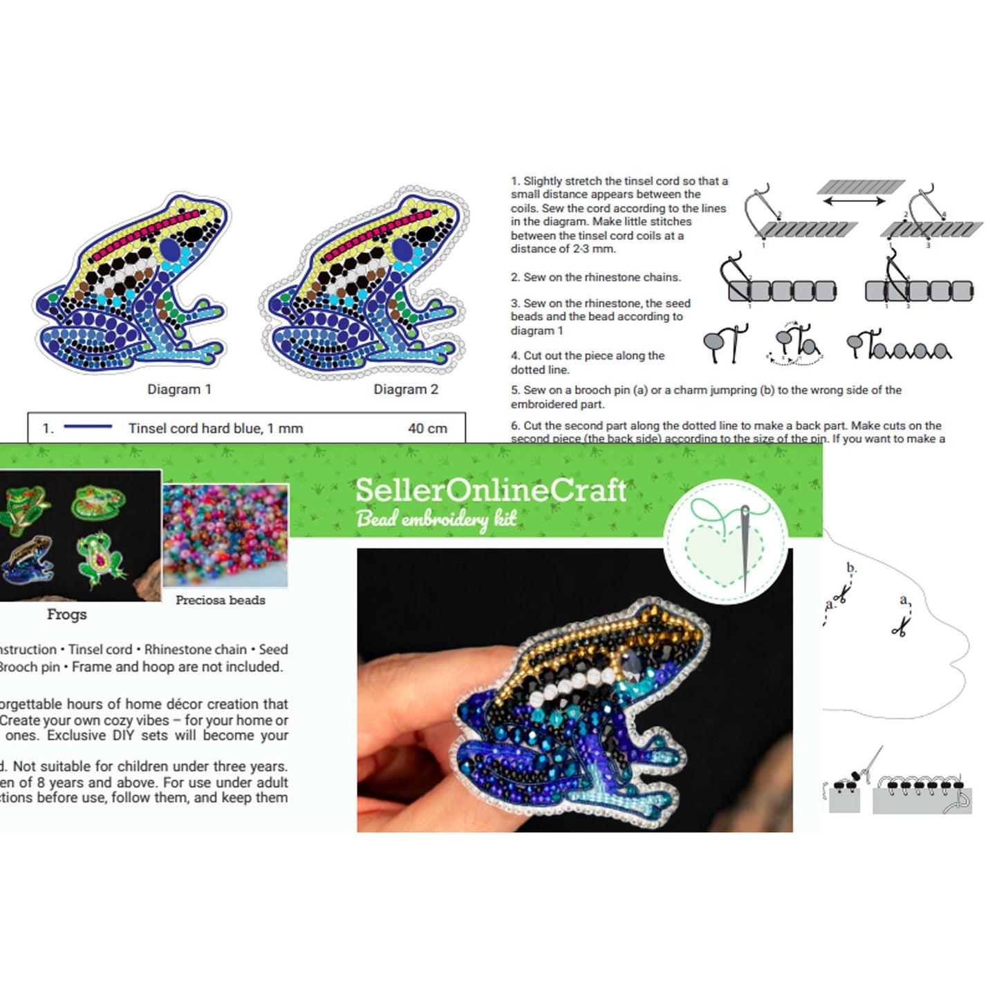 CraftShopOnline-Bead Embroidery Kit: DIY Seed Bead Frog Brooch-craft kit-gather here online