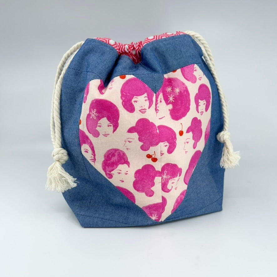Denise Snow Williams-One of a Kind Drawstring Project Bags-craft organizer-Medium - Pink Quilt Heart & Hexies w/ Int Zip Pocket-gather here online