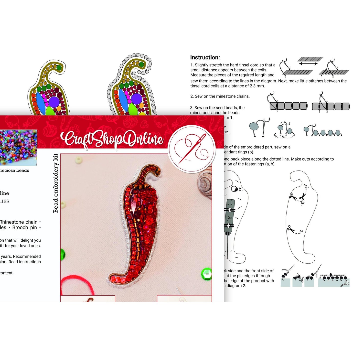 CraftShopOnline-Bead Embroidery Brooch Kit: Chili Pepper DIY Craft-craft kit-gather here online