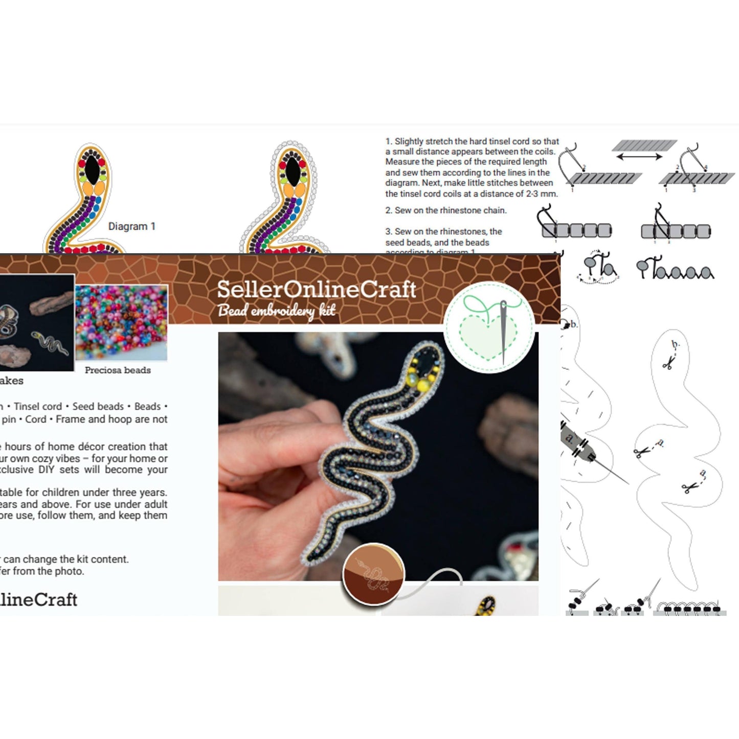 CraftShopOnline-Bead Embroidery Kit: Grass Snake Brooch DIY Craft Set-craft kit-gather here online