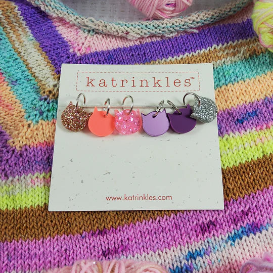 Acrylic Disco Kitties Stitch Markers - Pink / Purple / Glitter