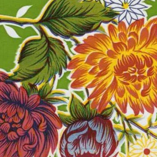 Oilcloth International-Mums Oilcloth on Green-fabric-gather here online