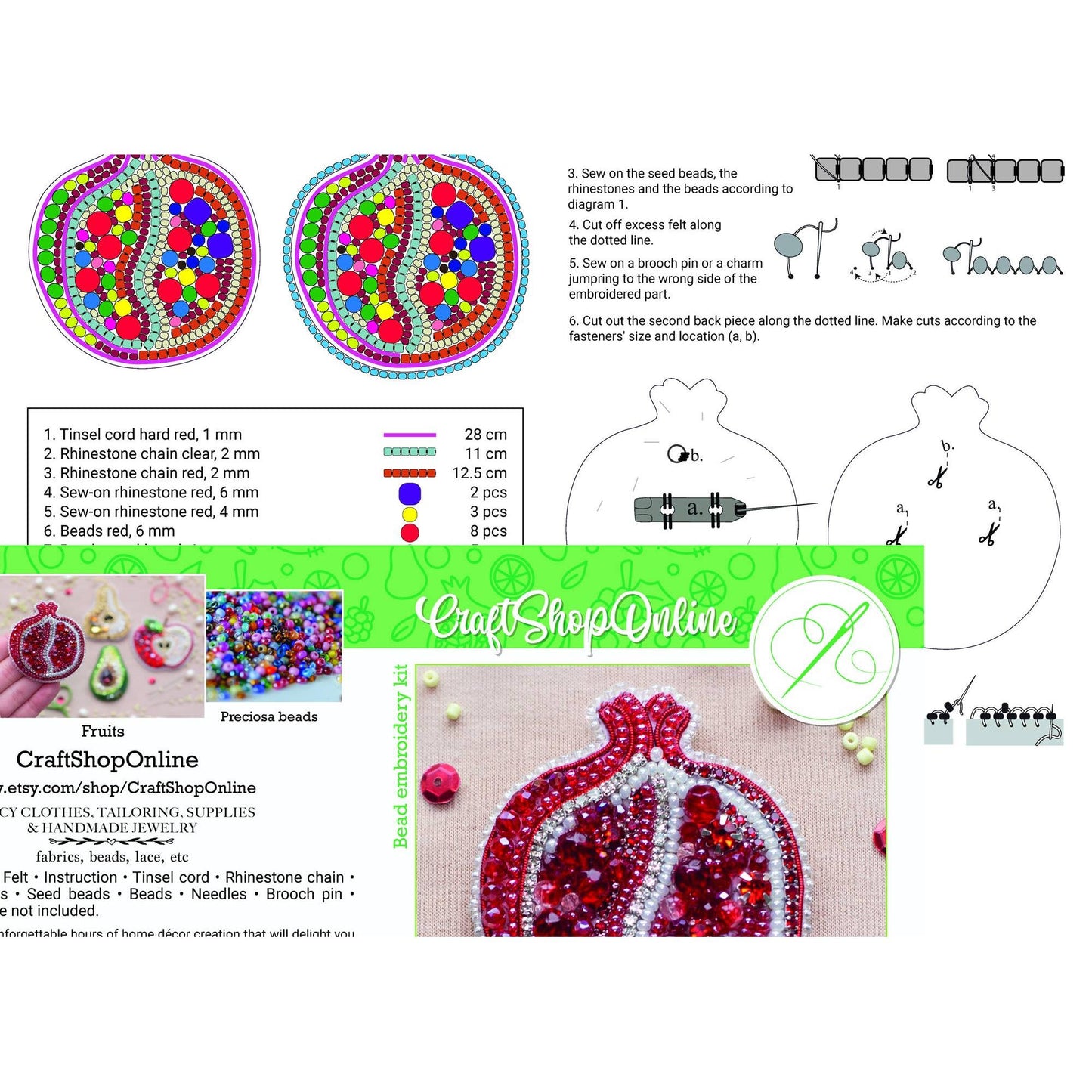 CraftShopOnline-Pomegranate Brooch Kit: DIY Seed Bead Embroidery-craft kit-gather here online