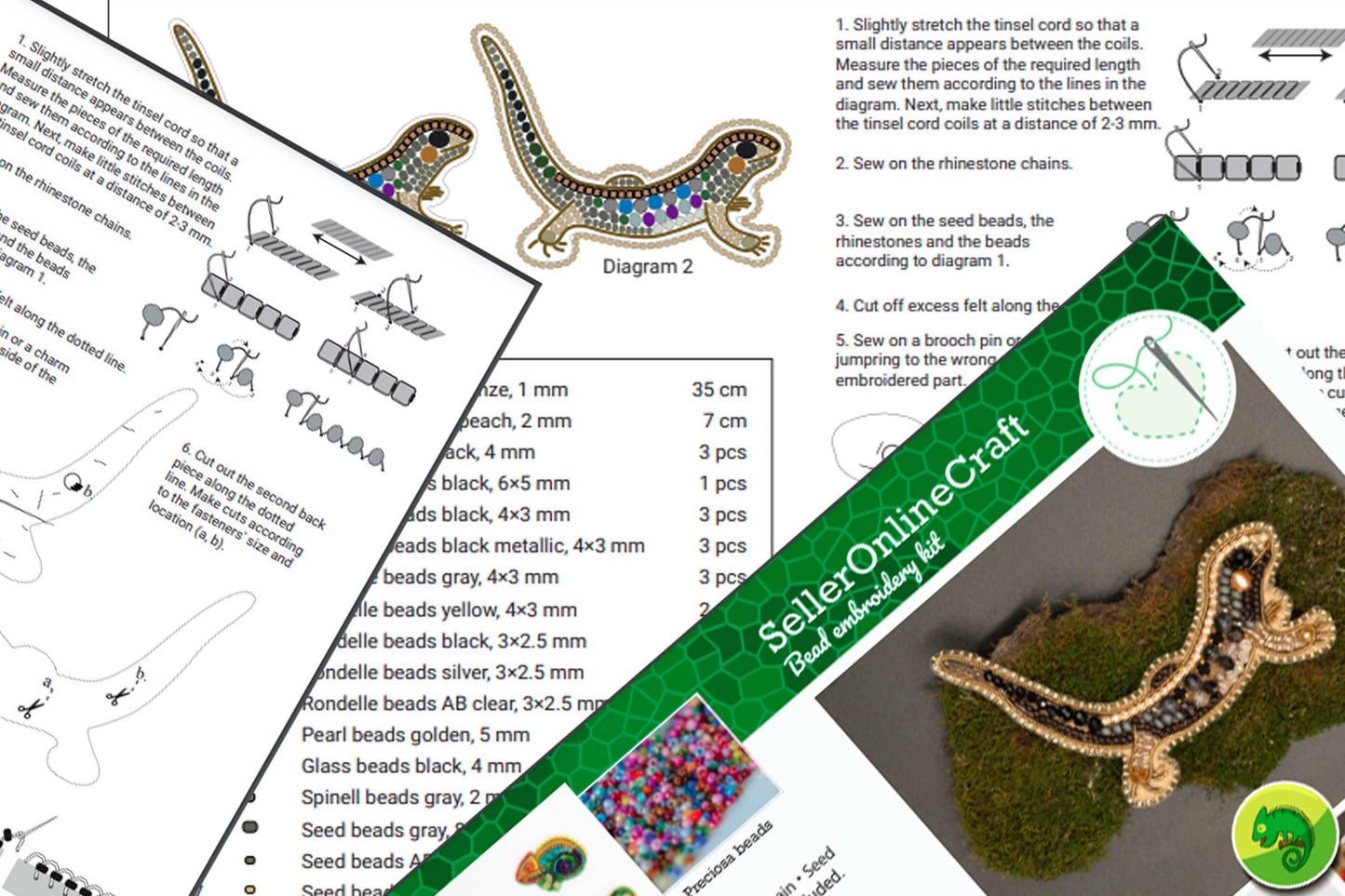Bead Embroidery Kit: Gecko Brooch DIY Craft, Jewelry Making