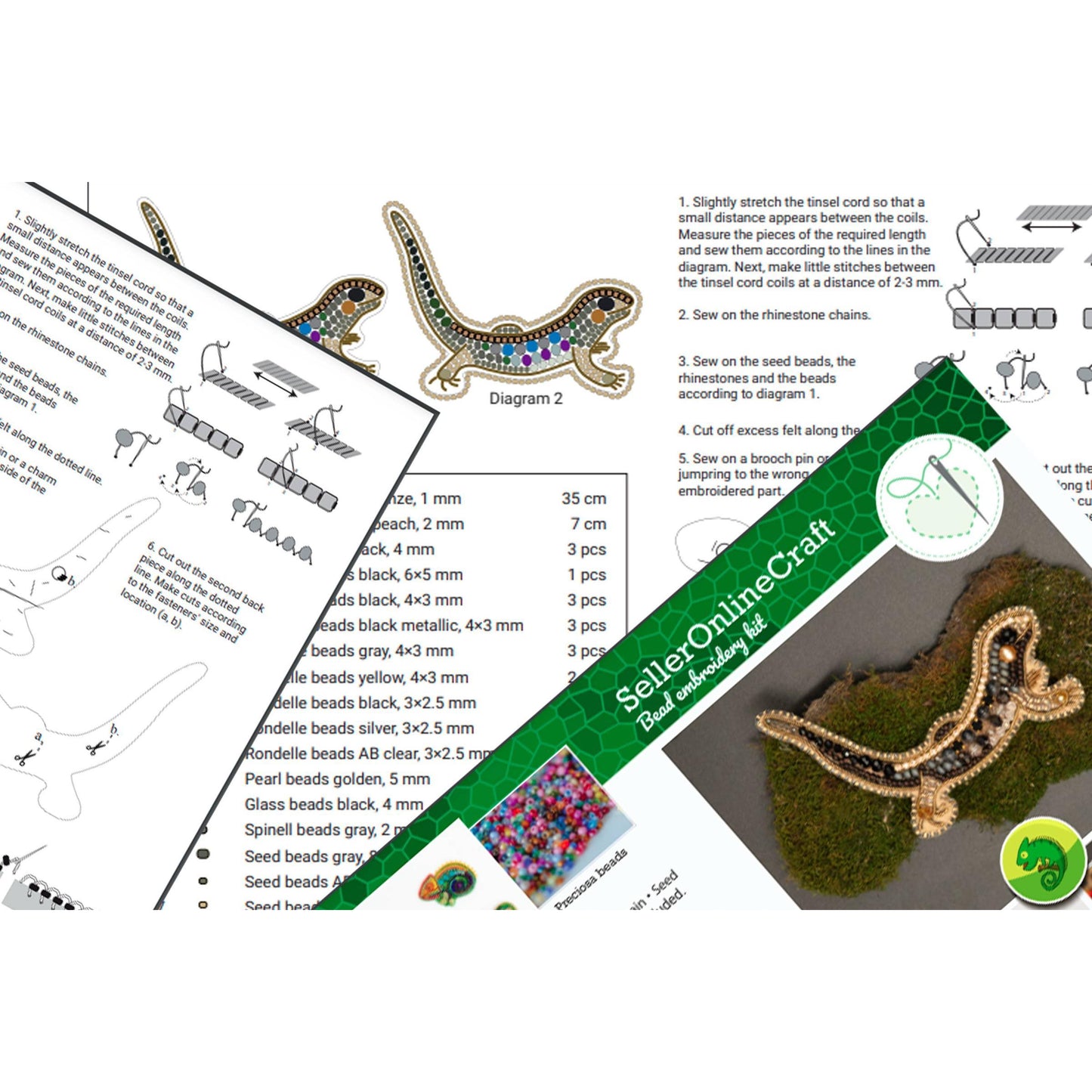 CraftShopOnline-Bead Embroidery Kit: Gecko Brooch DIY Craft, Jewelry Making-craft kit-gather here online