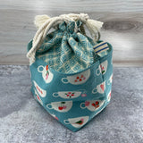 Denise Snow Williams-One of a Kind Drawstring Project Bags-accessory-Large - Tea Cups w/ Exterior Pockets (blue)-gather here online