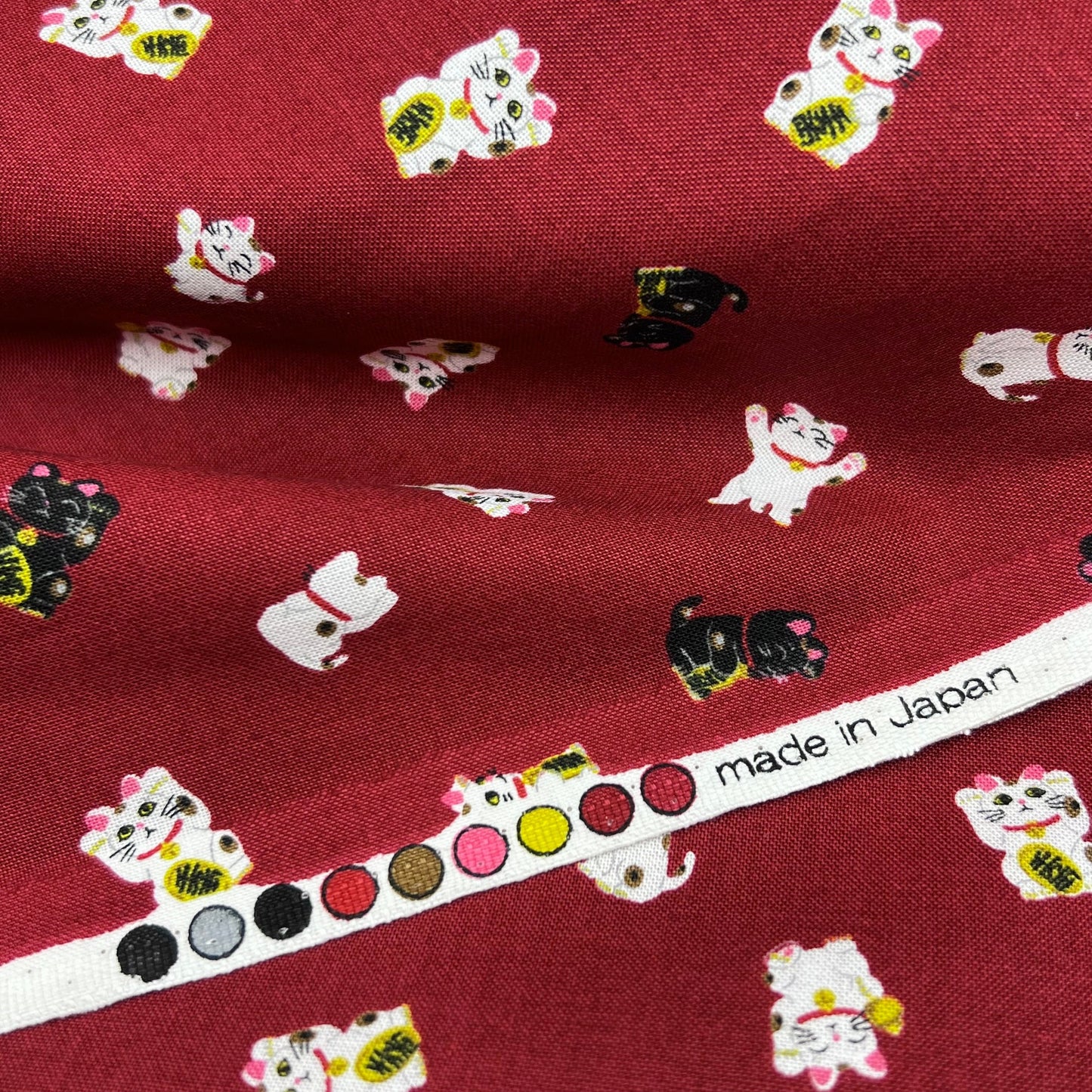 Hishiei-Lucky Cats Red on Cotton Sheeting-fabric-gather here online