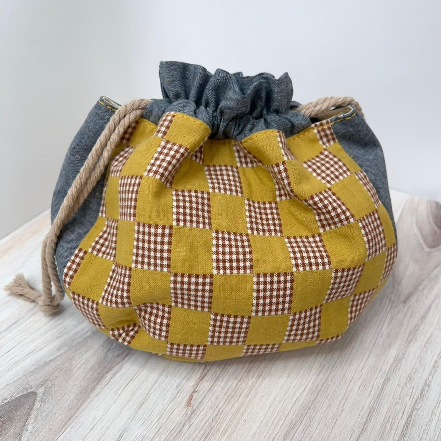 Denise Snow Williams-One of a Kind Drawstring Project Bags-craft organizer-Half-Moon - Mustard Check w/ Int Zip Pocket-gather here online