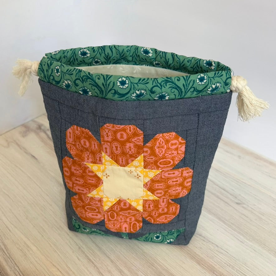 Denise Snow Williams-One of a Kind Drawstring Project Bags-craft organizer-Small - Teal Quilt Flower w/ Int Zip Pocket-gather here online