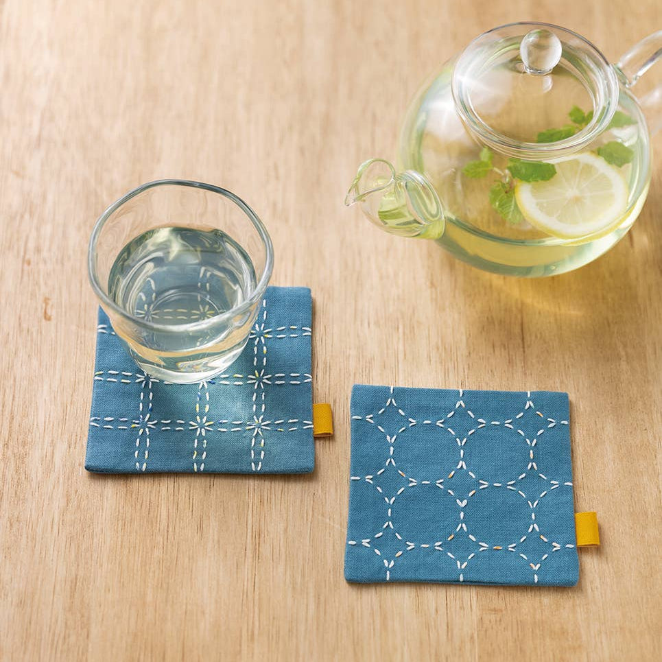 Cosmo-Sashiko Hidamari Coasters Kit - Blue-embroidery kit-gather here online