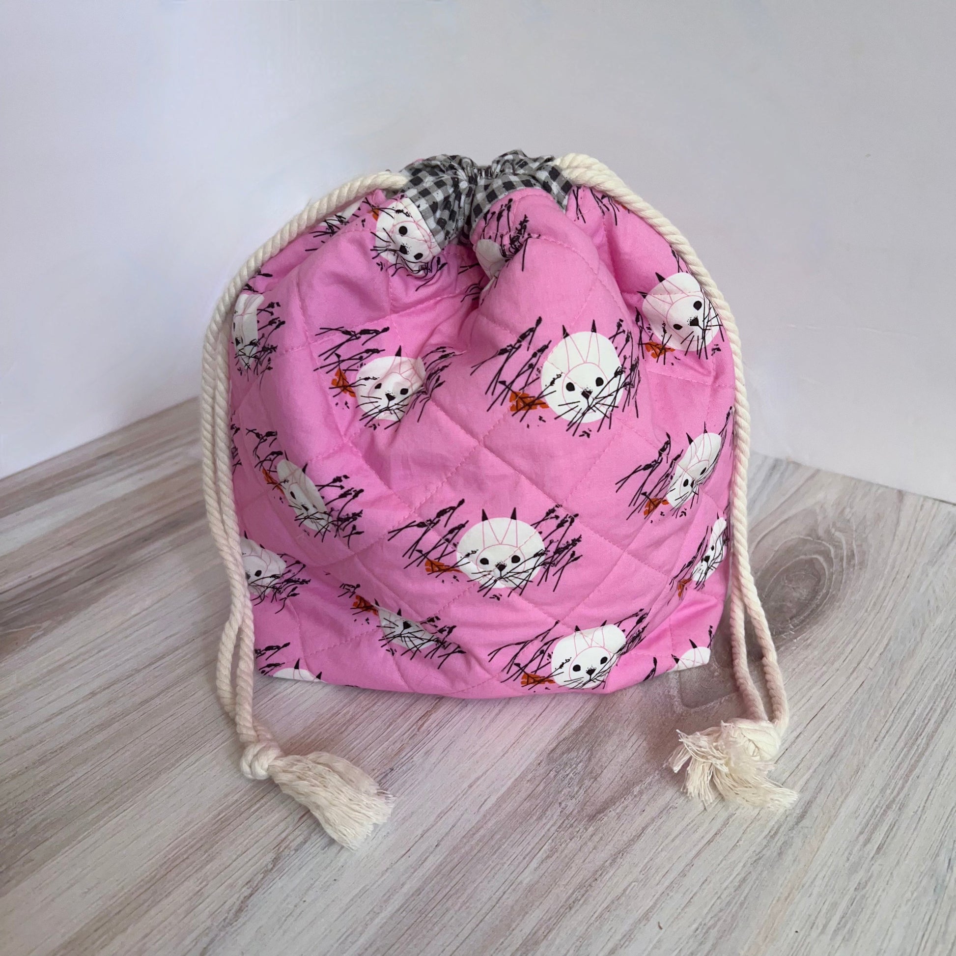 Denise Snow Williams-One of a Kind Drawstring Project Bags-craft organizer-Medium Quilted Pink Bunnies w/ Interior Pocket-gather here online