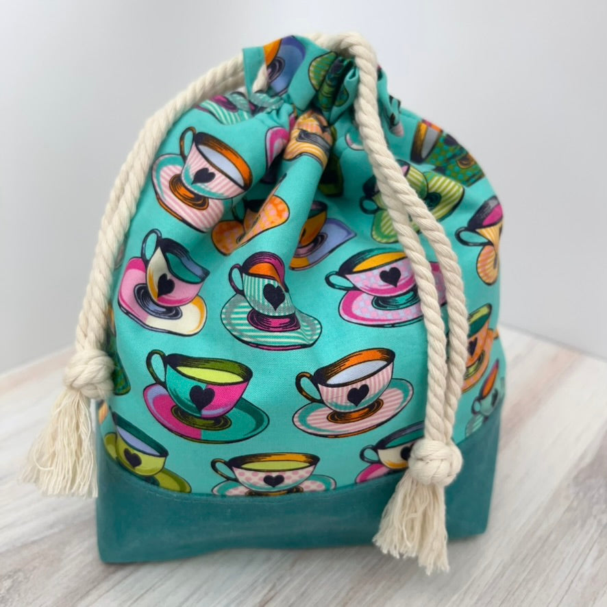 Denise Snow Williams-One of a Kind Drawstring Project Bags-craft organizer-Medium - Aqua Teacups w/ Waxed Canvas Bottom-gather here online