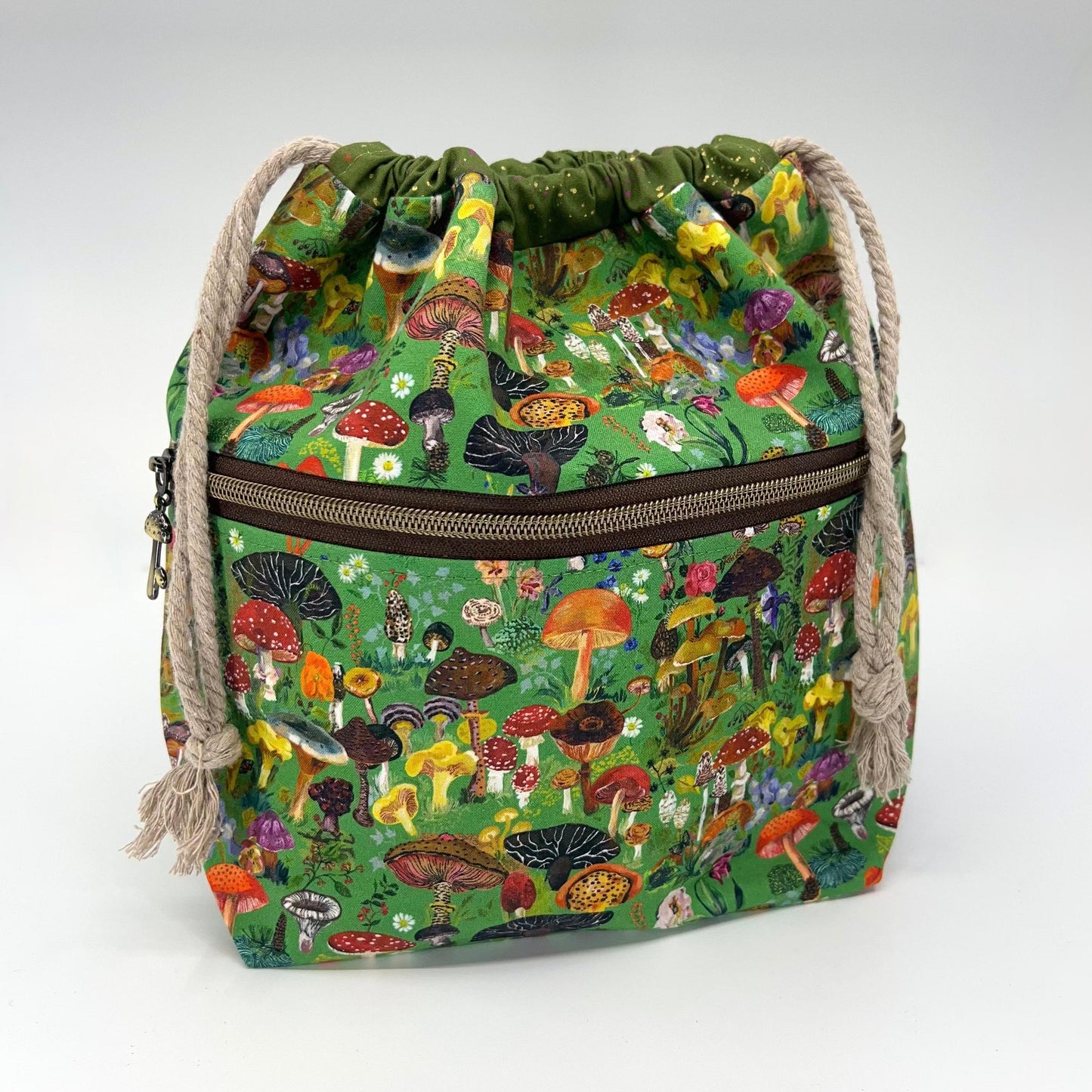 Denise Snow Williams-One of a Kind Drawstring Project Bags-craft organizer-Large - Green Mushrooms w/ Int & Ext Zip Pockets-gather here online