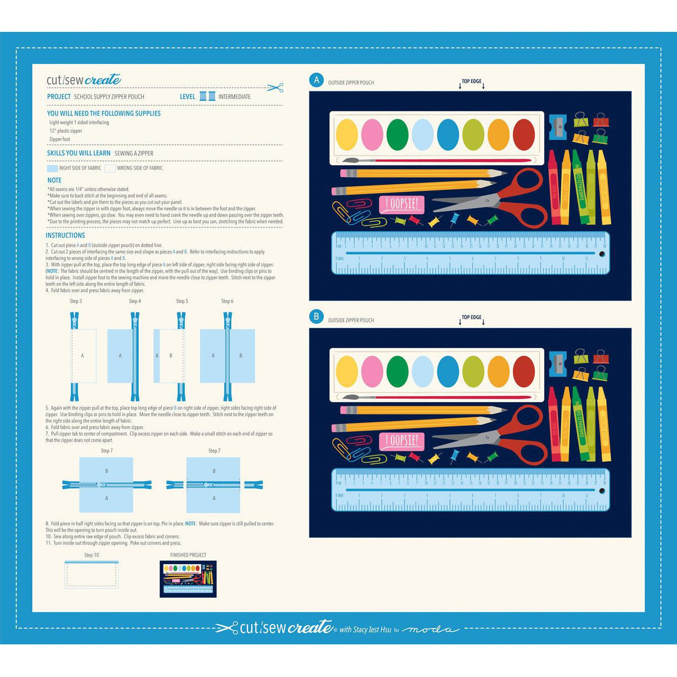 Moda-School Supply Zipper Pouch Cut & Sew Panel-fabric panel-gather here online