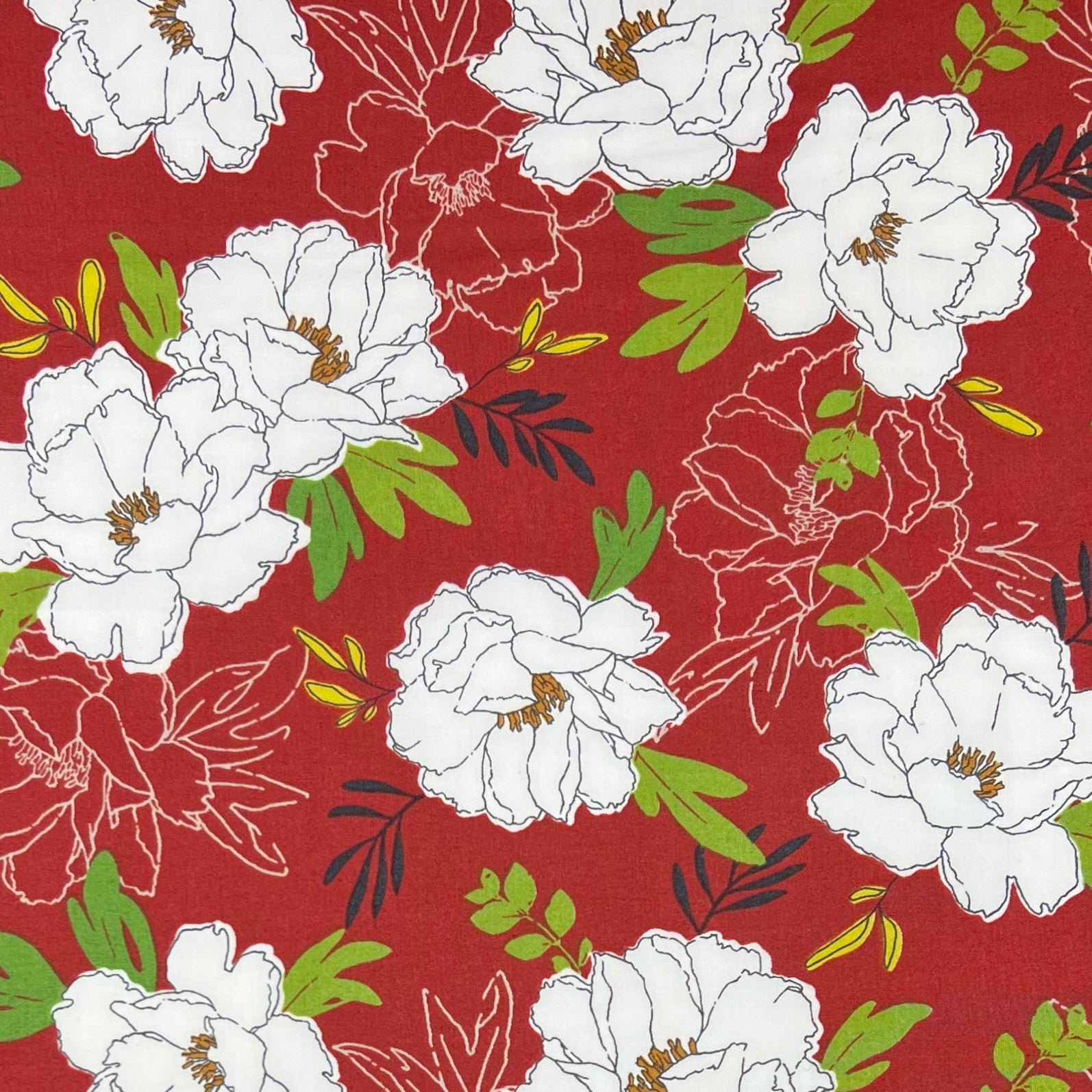 Kokka-White Peony Blooms On Red on Organic Cotton Lawn-fabric-gather here online