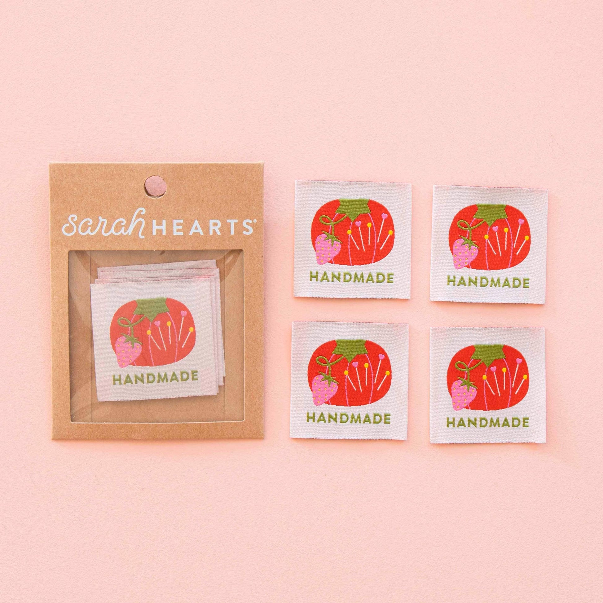 Sarah Hearts-Tomato Pin Cushion Handmade Large Sew-In Labels-sewing notion-gather here online