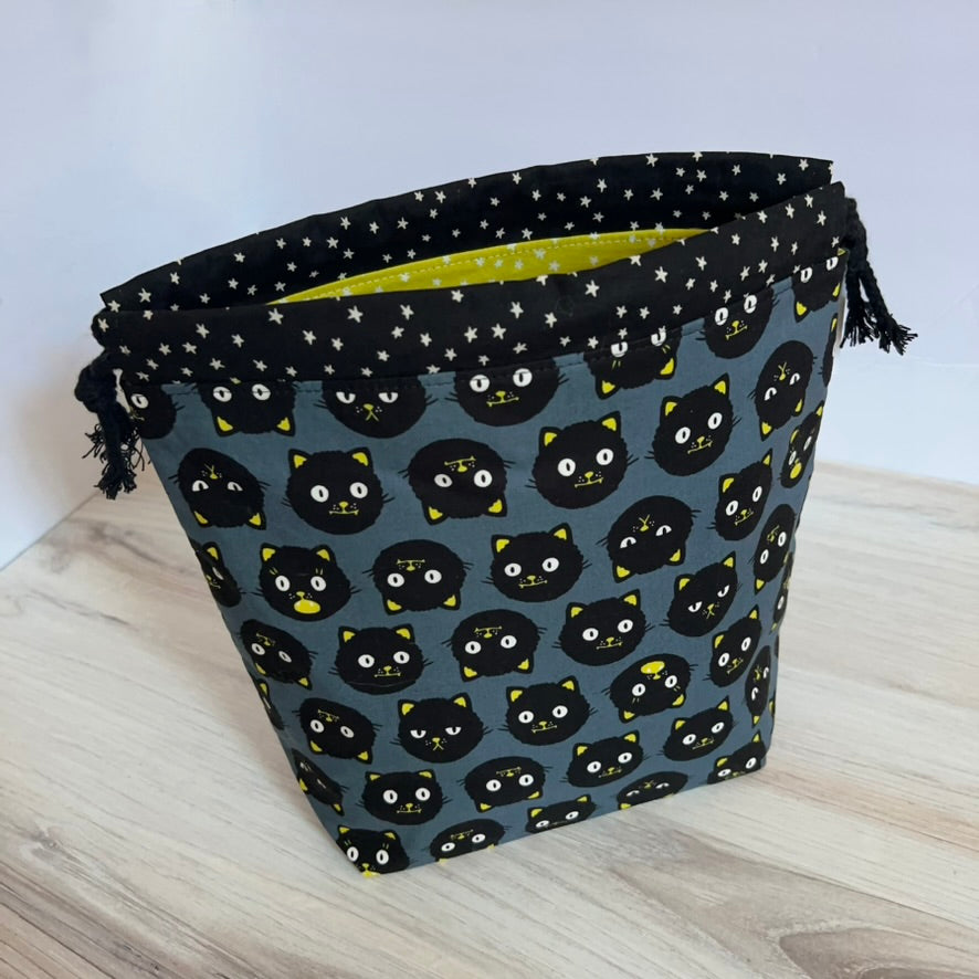 Denise Snow Williams-One of a Kind Drawstring Project Bags-craft organizer-Medium - Black Cat Faces w/ Int Zip Pocket-gather here online