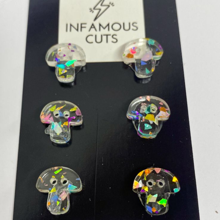 Infamous Cuts-1/2" Confetti Glitter Mushroom Acrylic Button Card-button-gather here online