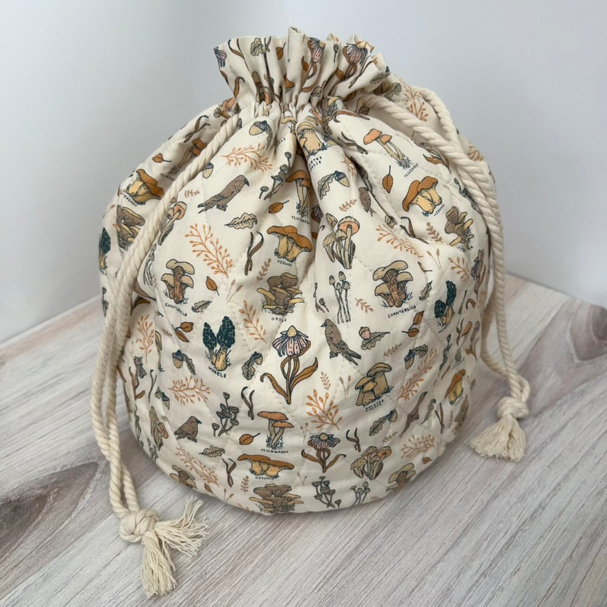 Denise Snow Williams-One of a Kind Drawstring Project Bags-craft organizer-Large Round Bottom - Quilted Mushrooms w/ Int Pocket-gather here online