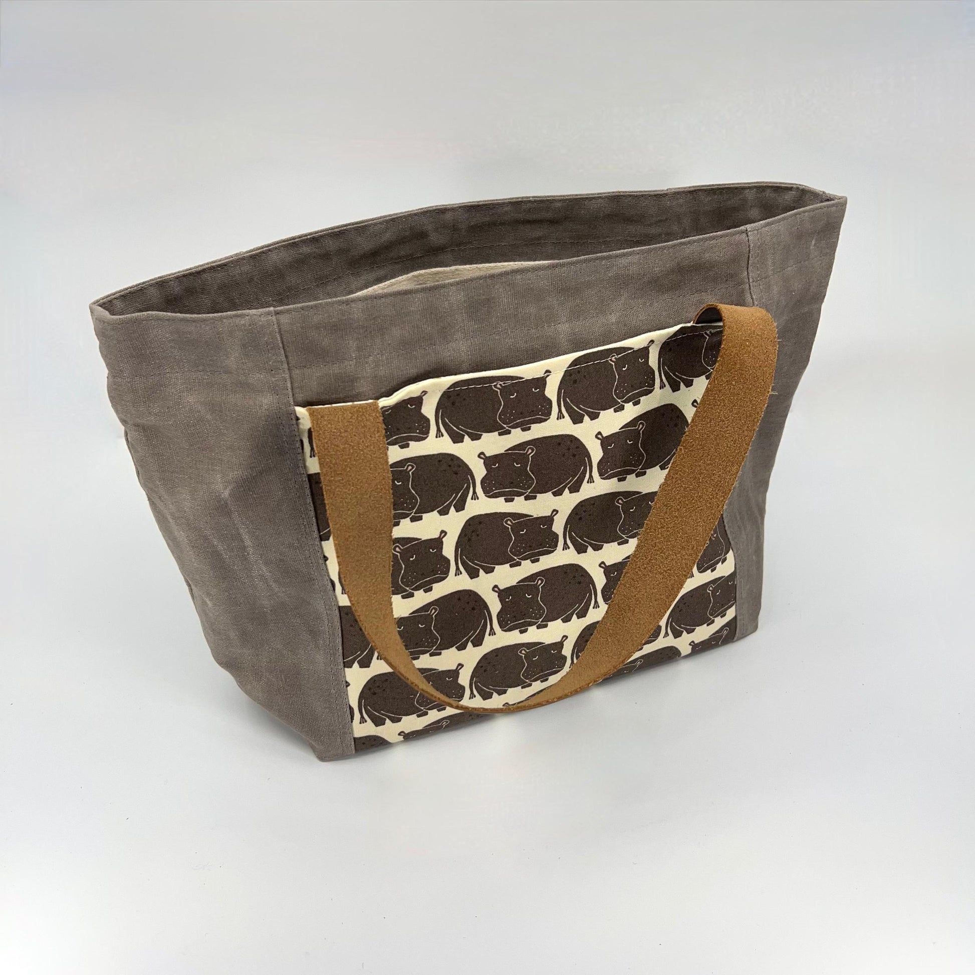 Denise Snow Williams-One of a Kind Drawstring Project Bags-craft organizer-Medium OPEN-TOP - Brown Hippos w/ Leather Handles, Int & Ext Pockets-gather here online