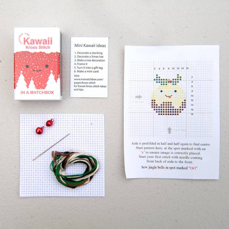 Marvling Bros-Kawaii Christmas Pudding Mini Cross Stitch Kit in a Matchbox-xstitch kit-gather here online