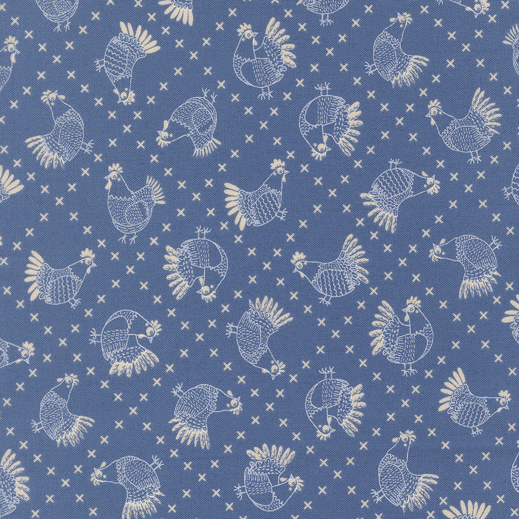 Moda-Cross Stitch Chickens Cobalt-fabric-gather here online