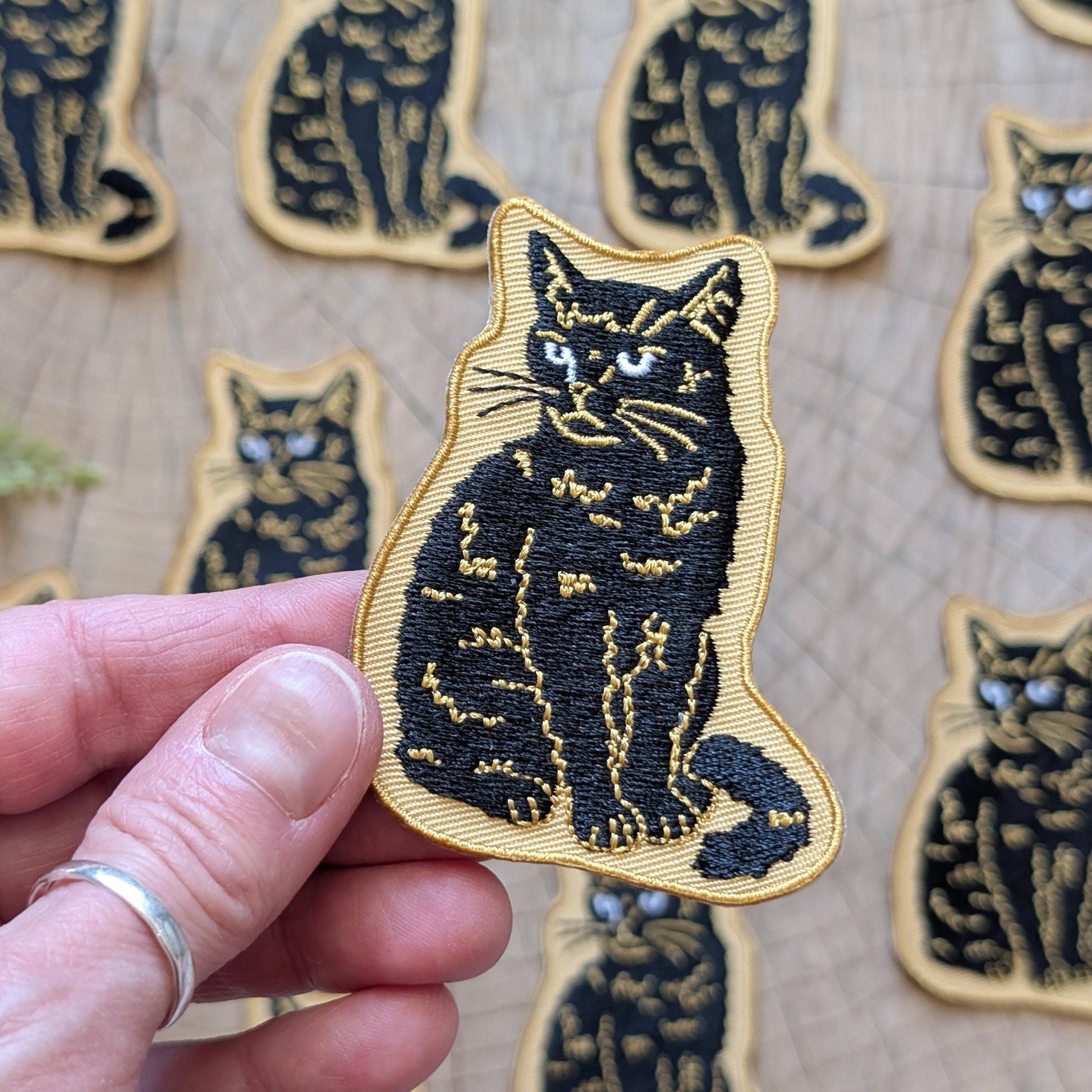 ilikesara-Sitting Black Disappointed Cat Iron-On Patch-patches + pins-gather here online