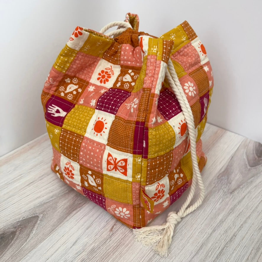 Denise Snow Williams-One of a Kind Drawstring Project Bags-craft organizer-Large Square Bottom - Quilted Birdseed w/ Int Pocket-gather here online