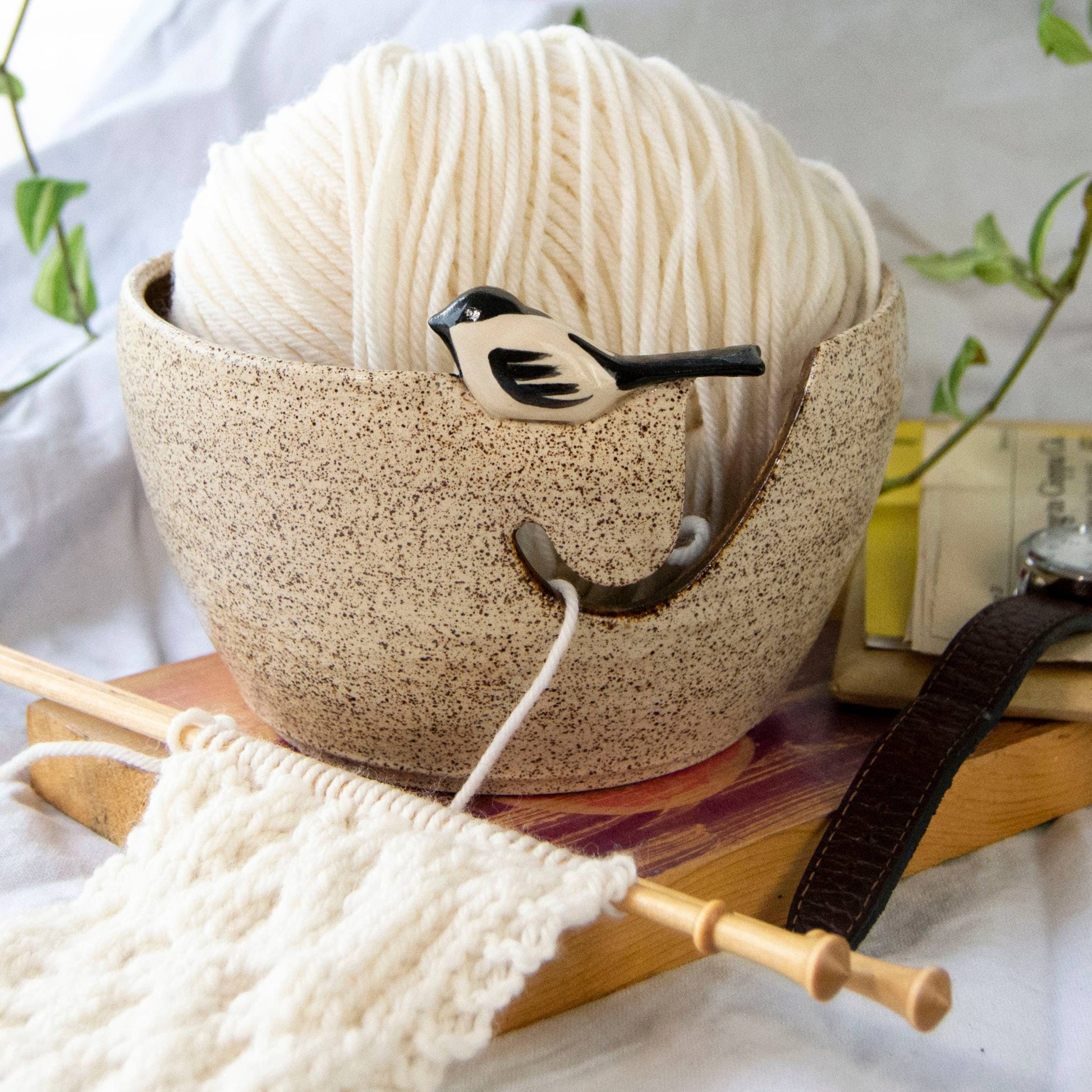 Cōppa Cōllaborative LLC-Ceramic Birdie Yarn Bowl: Chickadee-knitting notion-gather here online