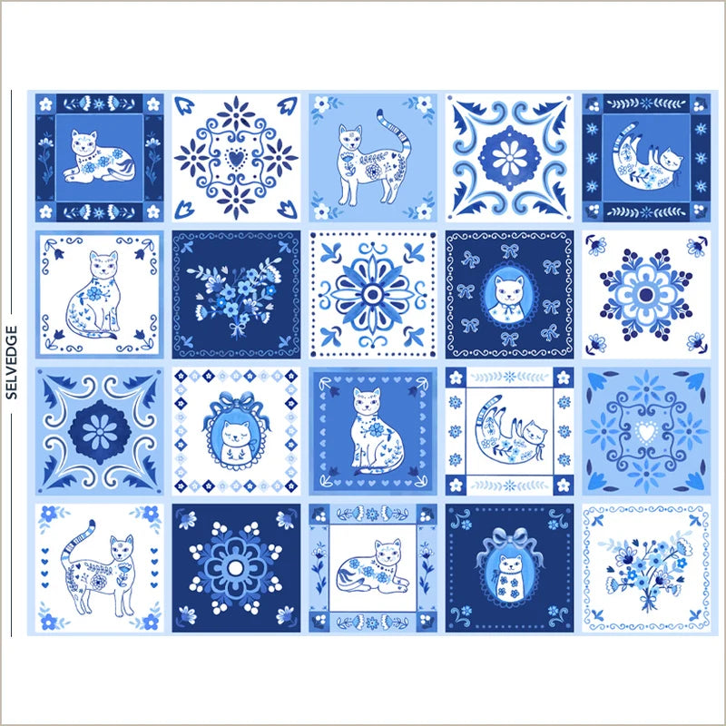 Windham Fabrics-Tails & Tiles White/Blue Panel-fabric panel-gather here online
