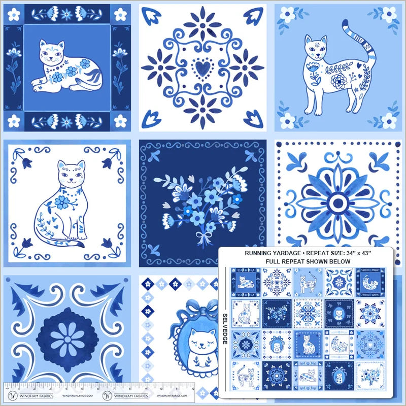 Windham Fabrics-Tails & Tiles White/Blue Panel-fabric panel-gather here online