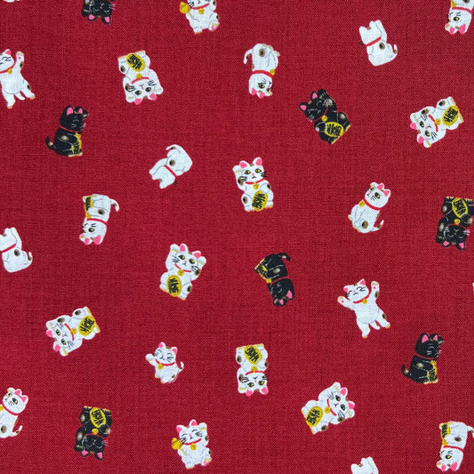 Hishiei-Lucky Cats Red on Cotton Sheeting-fabric-gather here online