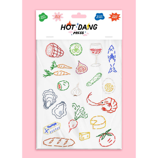 Hot Dang Press-Food Embroidery Iron-On Transfer Sheet Set-patches + pins-gather here online