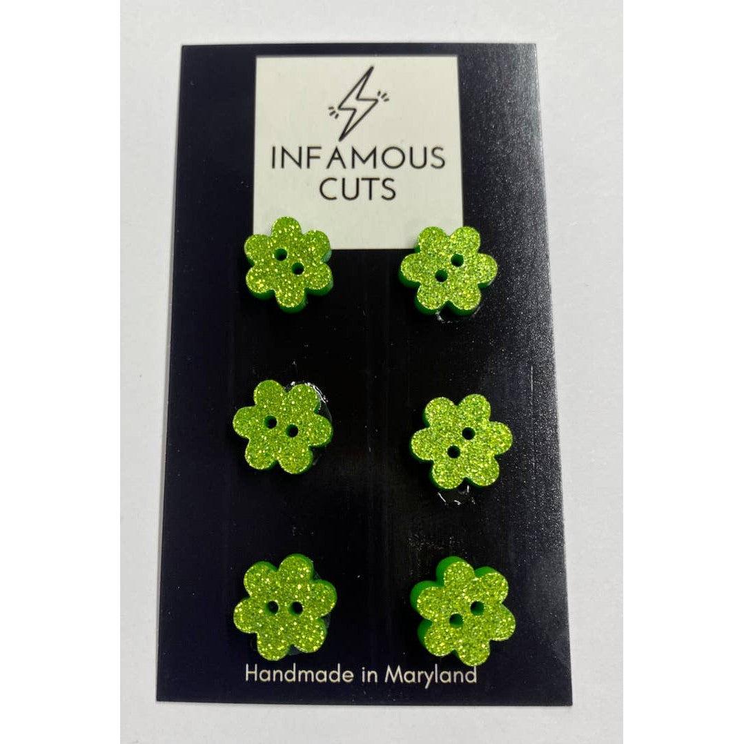 Infamous Cuts-1/2" Green Glitter Flower Acrylic Button Card-button-gather here online