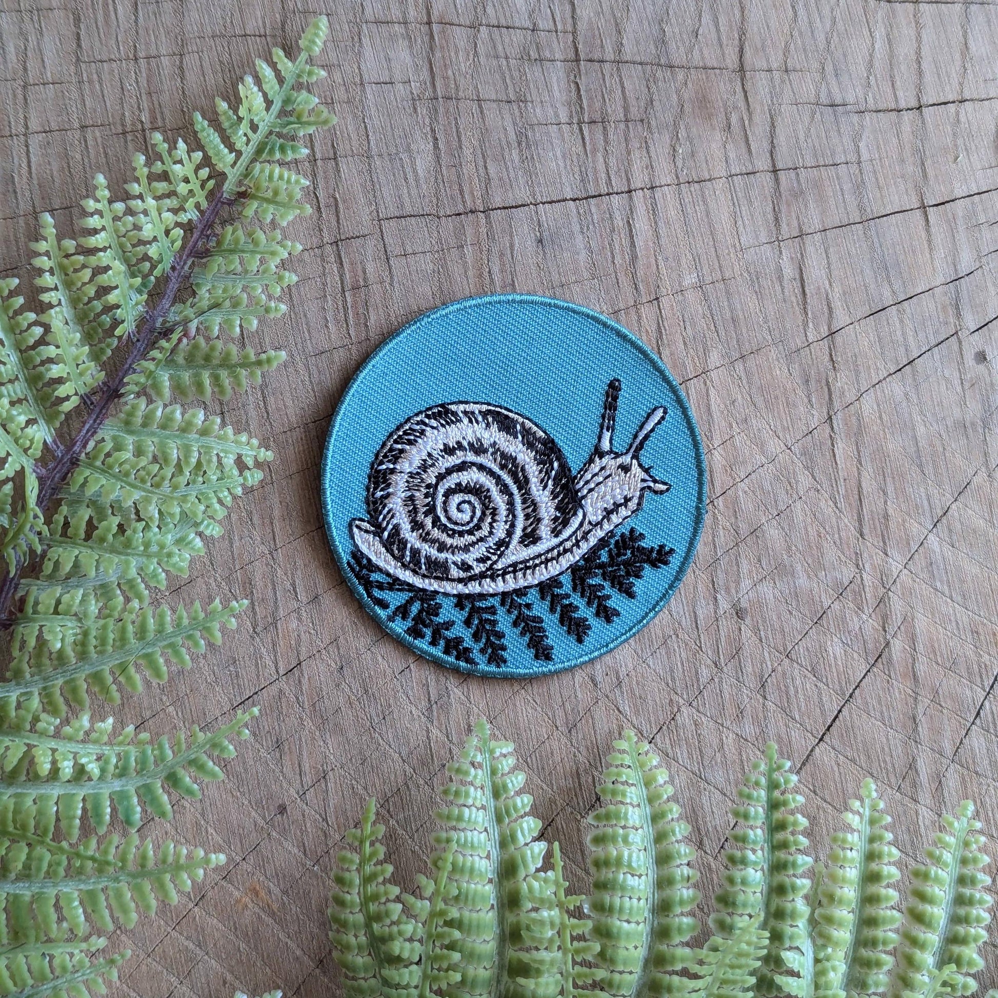 ilikesara-Snail With Fern Teal Iron-On Patch-patches + pins-gather here online