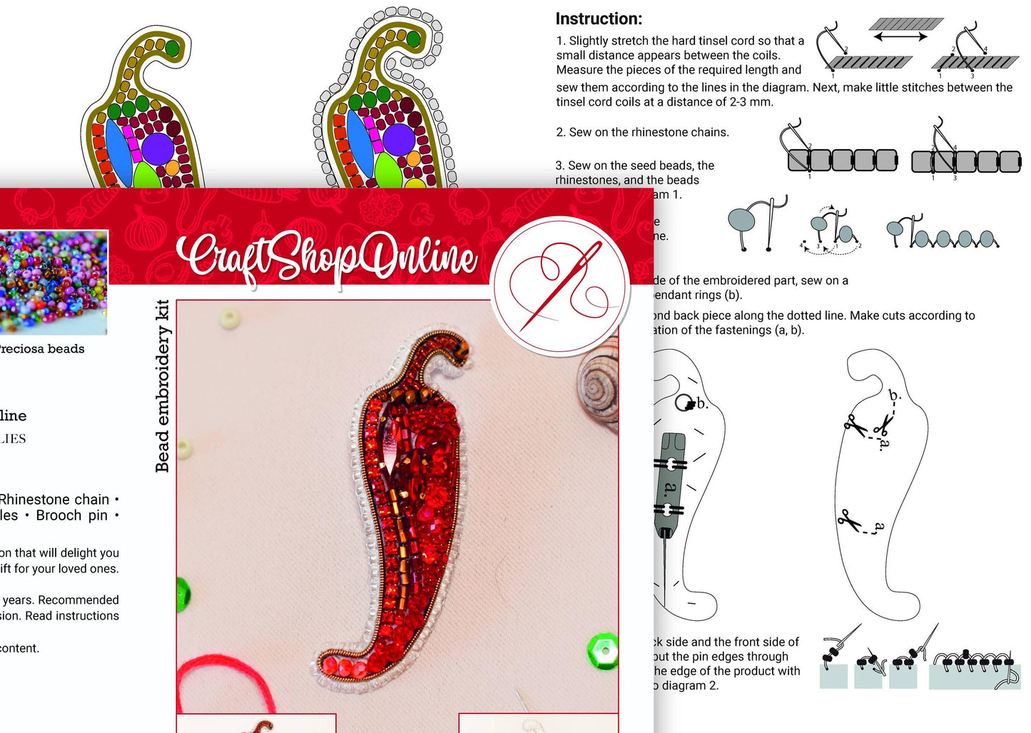 Bead Embroidery Brooch Kit: Chili Pepper DIY Craft