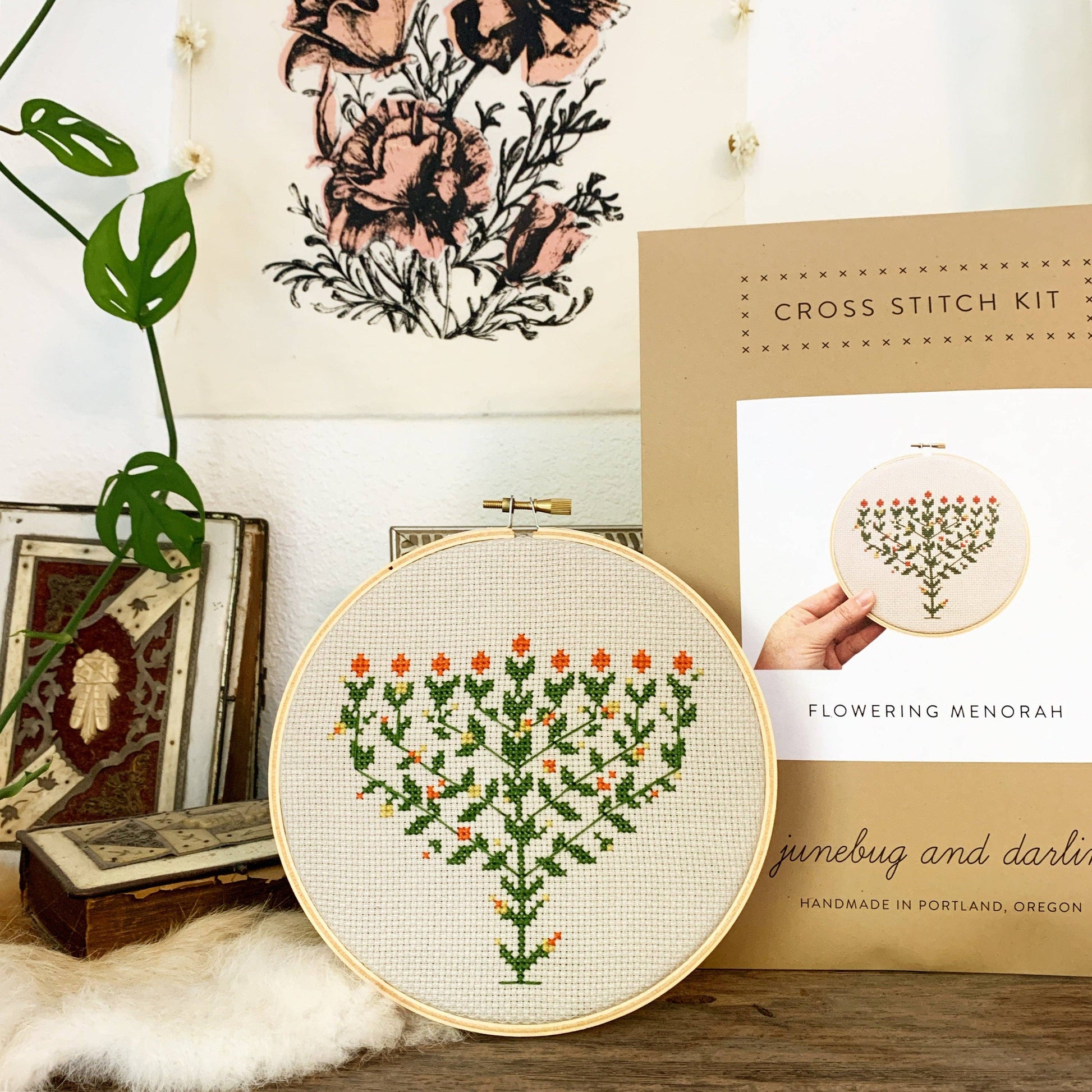 Junebug and Darlin-Flowering Menorah, 6" Cross Stitch Kit-xstitch kit-gather here online