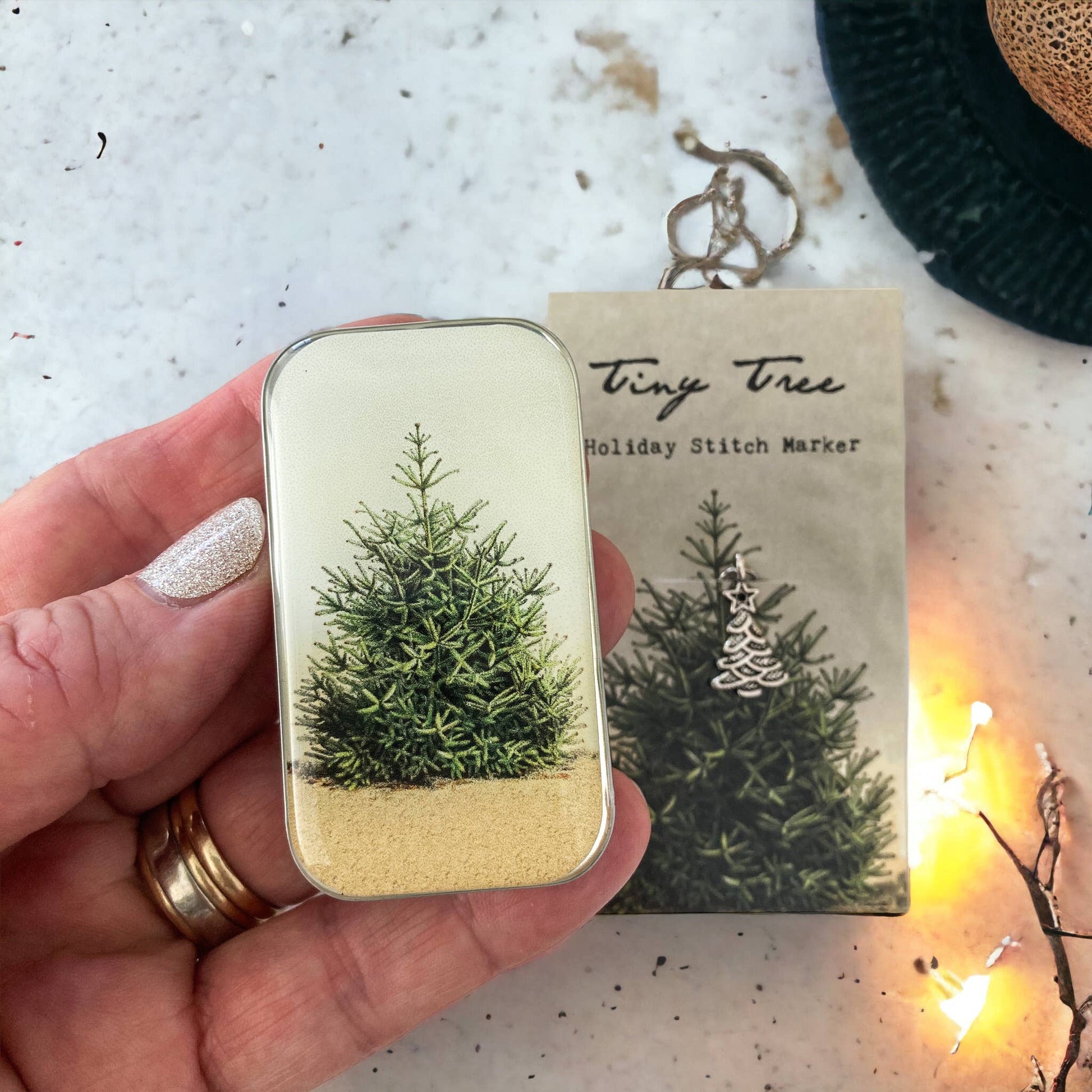 Firefly Notes-Tiny Tree Notions Tin and Stitch Marker Set-knitting notion-gather here online