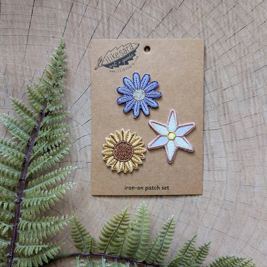 ilikesara-Iron-on patch | flower 3 patch pack - embroidered applique, daisy sunflower anemone-patches + pins-gather here online
