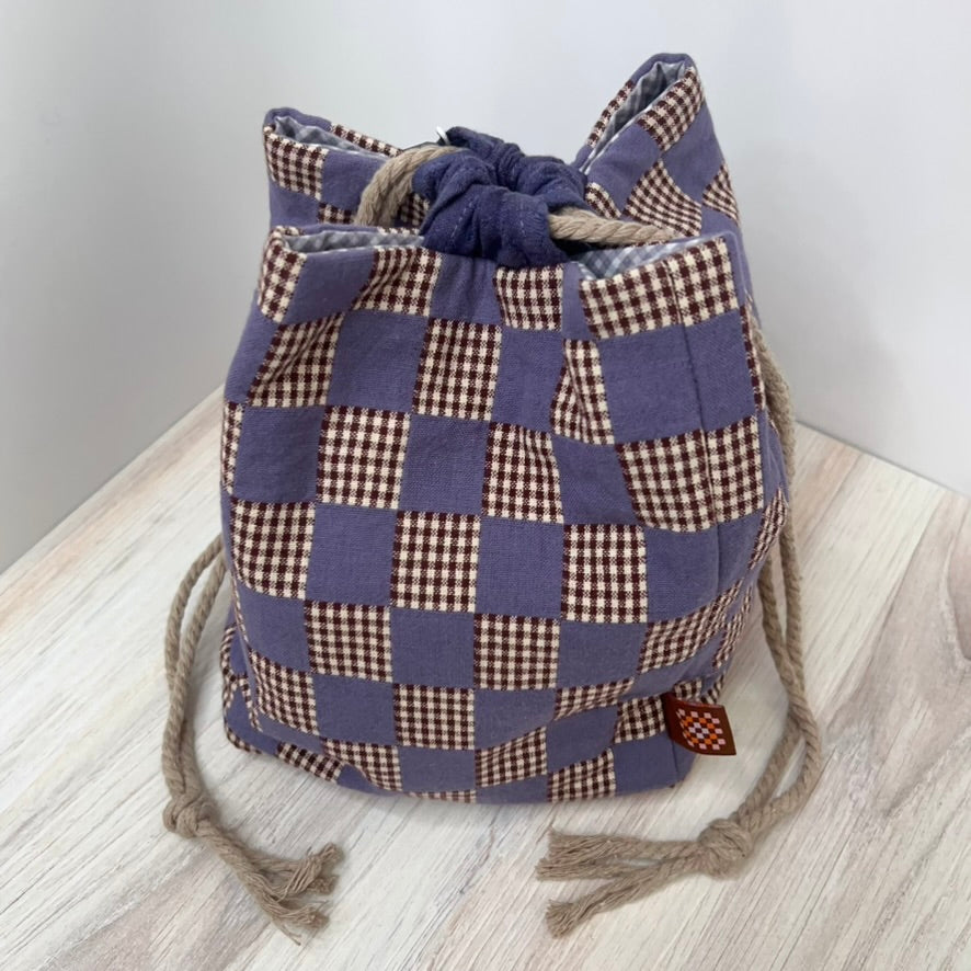 Denise Snow Williams-One of a Kind Drawstring Project Bags-craft organizer-Square Bottom - Periwinkle Check w/ Int Pocket-gather here online