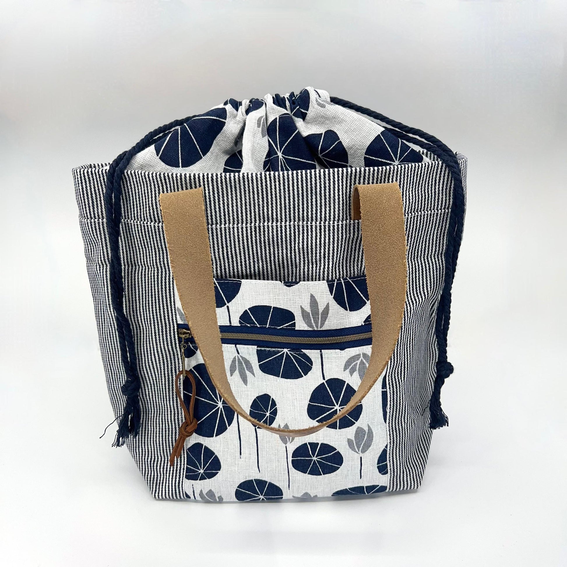 Denise Snow Williams-One of a Kind Drawstring Project Bags-craft organizer-Large Waxed Canvas - Navy Floral Stripe w/ Leather Handles, Int & Ext Pockets-gather here online