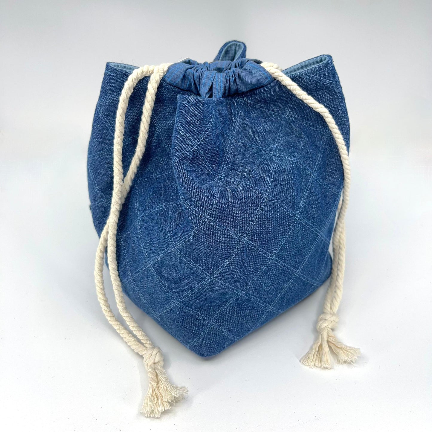 Denise Snow Williams-One of a Kind Drawstring Project Bags-craft organizer-Square Bottom - Stitched Denim w/ Int Zip Pocket-gather here online