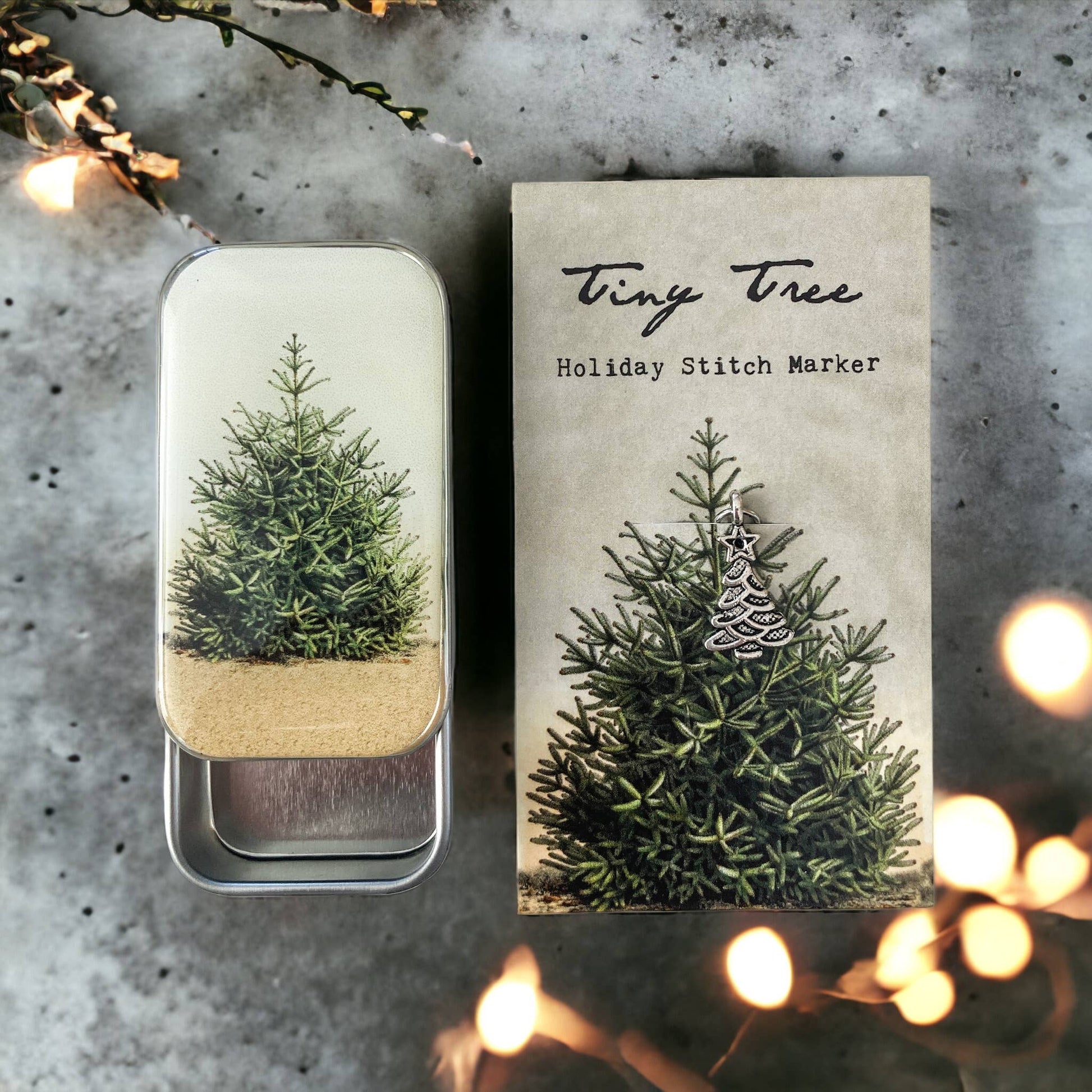 Firefly Notes-Tiny Tree Notions Tin and Stitch Marker Set-knitting notion-gather here online