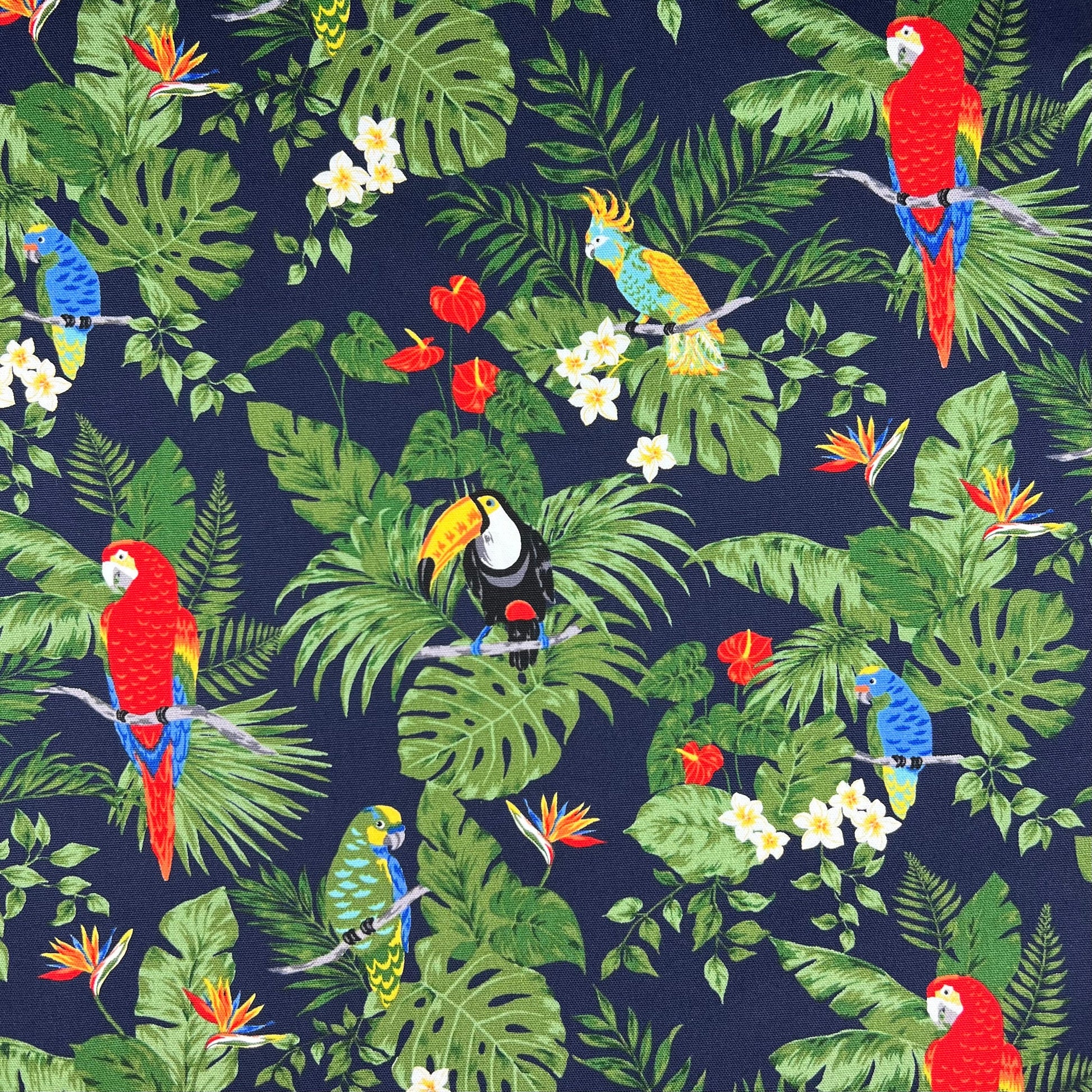 Cosmo-Tropical Parrots on Cotton Oxford-fabric-gather here online