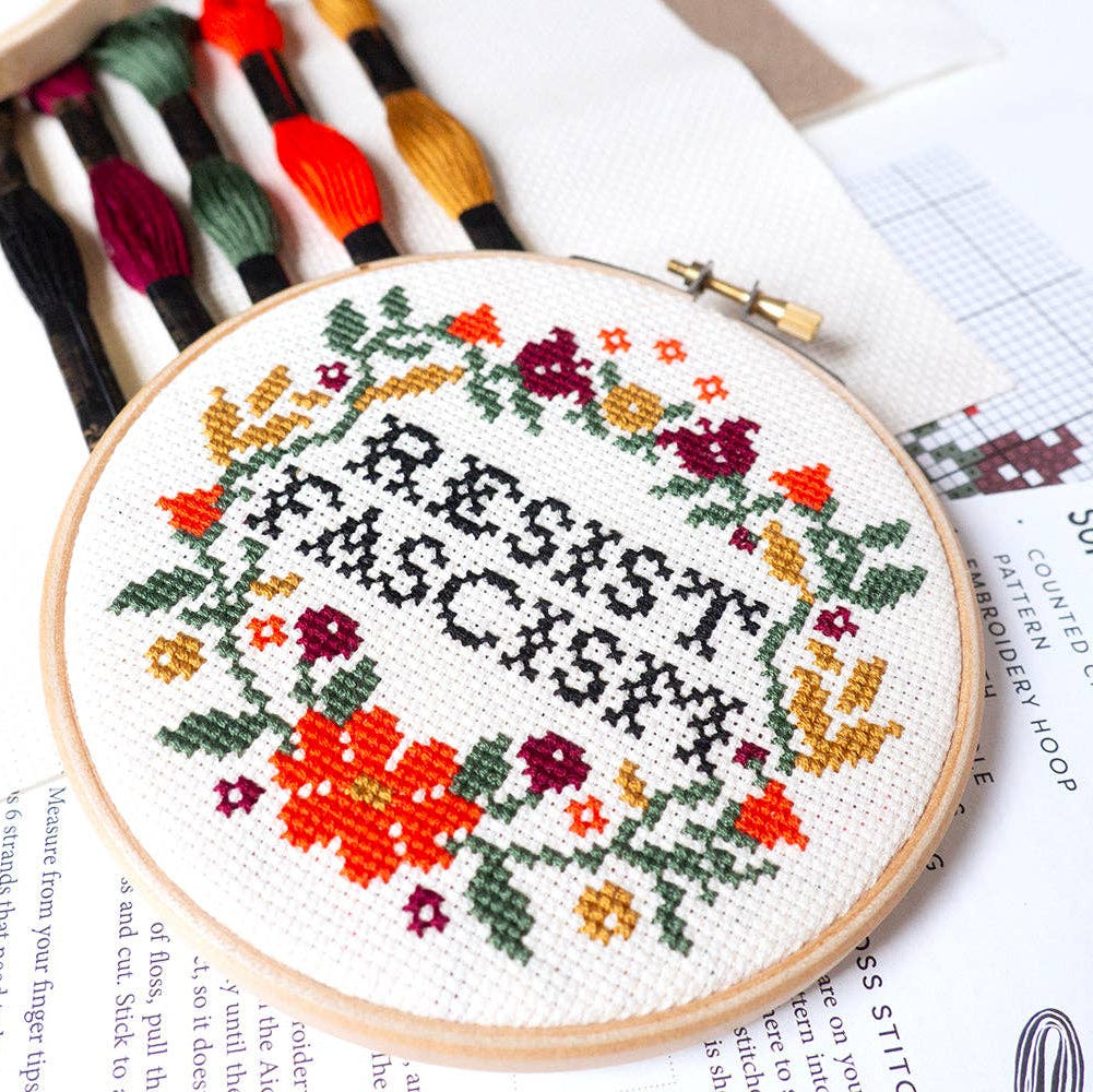 Junebug and Darlin-Resist Fascism, 5" Cross Stitch Kit-xstitch kit-gather here online