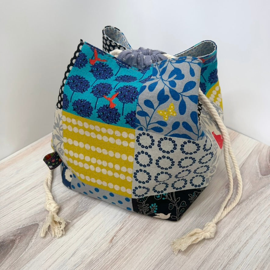 Denise Snow Williams-One of a Kind Drawstring Project Bags-craft organizer-Large Square Bottom - Muted Blue Nature w/ Int Pocket-gather here online