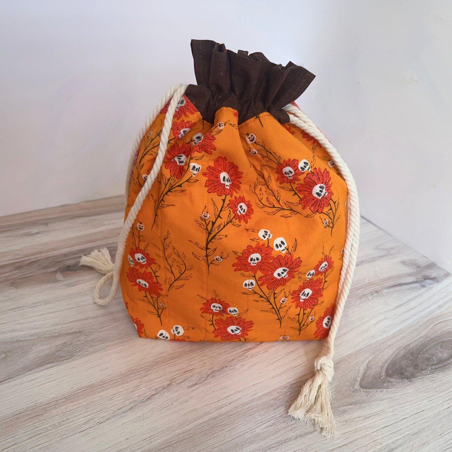 Denise Snow Williams-One of a Kind Drawstring Project Bags-craft organizer-Medium - Halloween Skull Flowers w/ Interior Zipper-gather here online